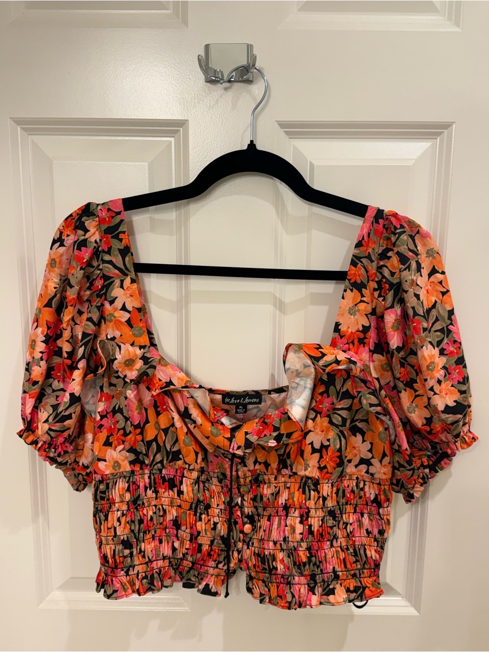 For Love & Lemons Floral Puff Sleeve Crop Top in Orange Pink